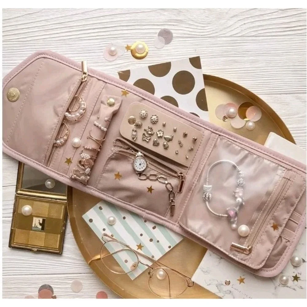 BagSmart Travel Trifold Jewelry Storage Organizer Holder Earring Display Blush